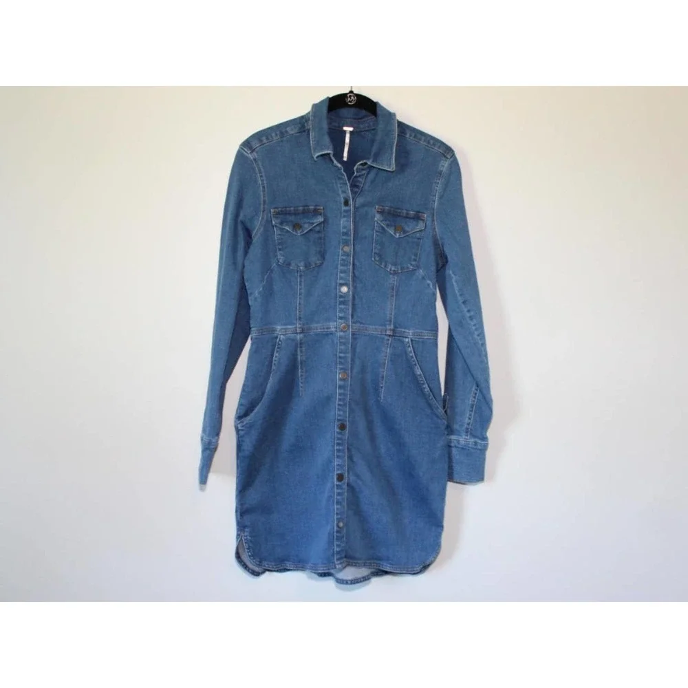 Free People Dynomite Denim Mini Shirt Dress Retro 70's Western Medium H14890 - Picture 2 of 15